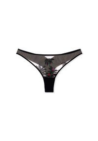 Tanga negro con un material gris transparente y bordados de palmas y flores en negro y acentos coloridos. Textura delicada con un corte de bajo aumento.