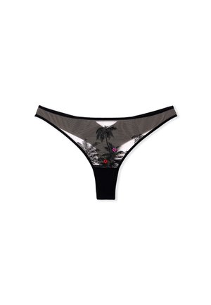 Czarny string wykonany z przezroczystego szarego materiału z czarnym haftem palmowym i kwiatowym oraz kolorowymi akcentami. Delikatna tekstura z niskim stanem.