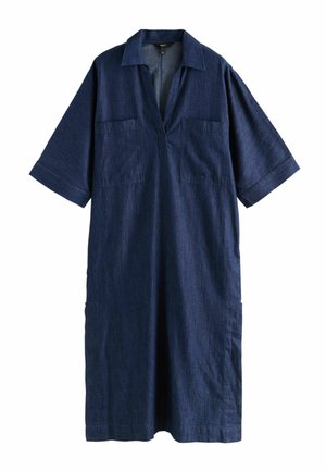 Locker sitzendes, marineblaues Jeanskleid mit kurzen Ärmeln, Kragen, V-Ausschnitt und zwei aufgesetzten Brusttaschen.