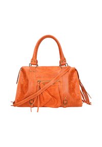 Sac à main en cuir orange avec deux poignées courtes et une bandoulière réglable. Comprend une poche zippée à l'avant et des glands sur les côtés.