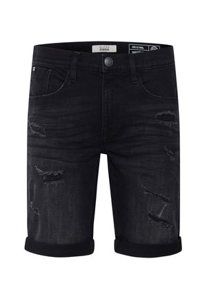 Short en jean noir à l’aspect usé, avec ourlets retroussés, poches avant, passants de ceinture et fermeture par bouton, sur fond blanc.
