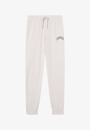 Pantaloni sportivi di colore beige chiaro con fascia elastica in vita e polsini, coulisse regolabile e logo con scritta nera "CHAMPION" sulla coscia sinistra.