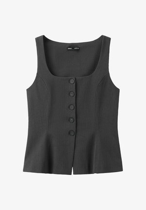 Čierna bez rukávov, zapínacia vesta s hranatým výstrihom a mierne rozšíreným lemom, vyrobená z textúrovaného materiálu.