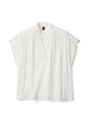 Loose white short-sleeve blouse with V-neck, small stand collar, and gathered fabric details along shoulders and chest.