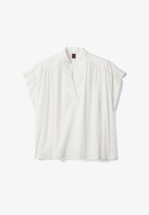 Loose white short-sleeve blouse with V-neck, small stand collar, and gathered fabric details along shoulders and chest.