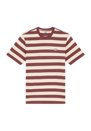 T-shirt a righe con ampie strisce orizzontali bordeaux e crema, maniche corte e colletto rotondo. Piccolo logo sul petto.