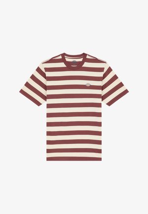 Gestreiftes T-Shirt mit breiten kastanienbraunen und cremefarbenen horizontalen Streifen, kurzen Ärmeln und einem Rundhalsausschnitt. Kleines Logo-Detail auf der Brust.