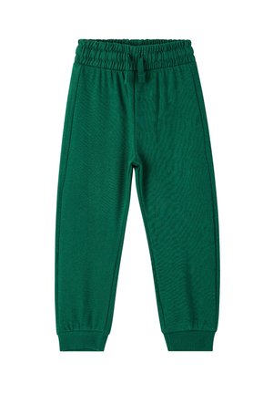 Zielone spodnie dresowe wykonane z teksturowanej tkaniny, z elastycznym pasem i mankietami, o gładkim wykończeniu i bez widocznych wzorów.
