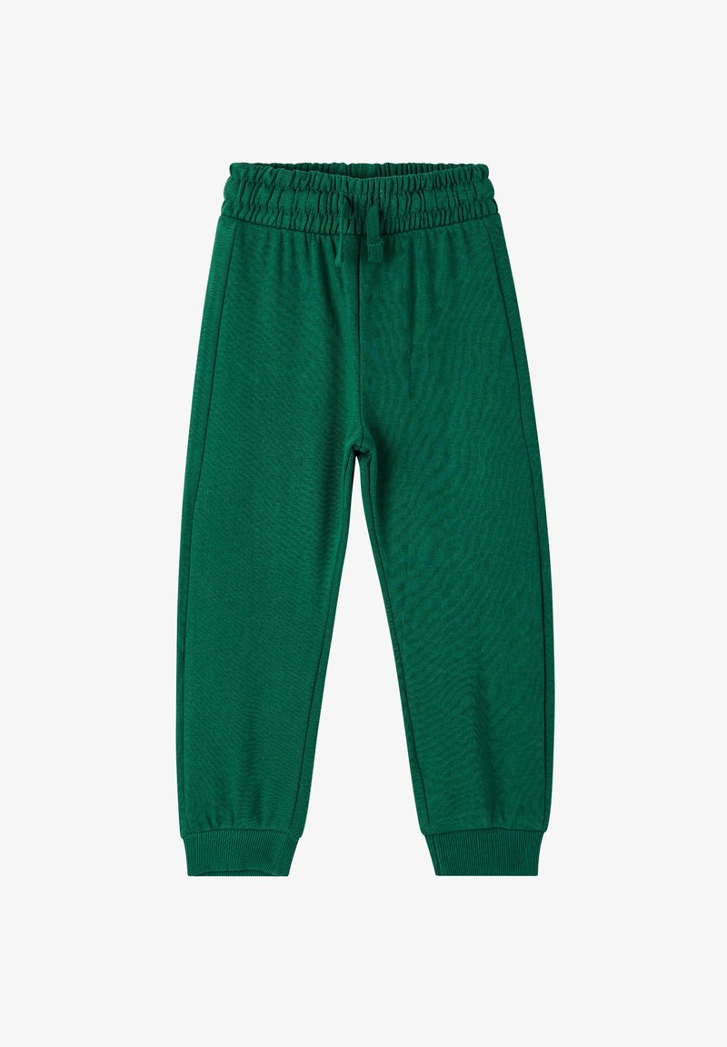 Zielone spodnie dresowe wykonane z teksturowanej tkaniny, z elastycznym pasem i mankietami, o gładkim wykończeniu i bez widocznych wzorów.