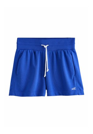 Șorturi casual albastre cu talie elastică cu nervuri, șnur alb, buzunare laterale și mic logo alb „self.” pe partea de jos dreapta a piciorului.