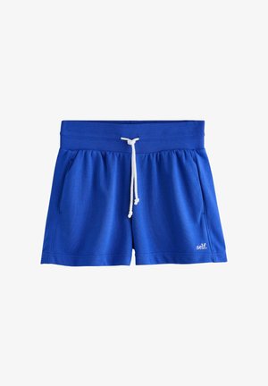 Blaue Freizeitsshorts mit geripptem elastischem Bund, weißem Kordelzug, Seitentaschen und kleinem weißem „self.“-Logo am unteren rechten Bein.