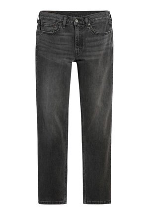 Dark gray denim jeans with a straight leg design, five pockets, and a top button closure. Features subtle fading and stitching details.