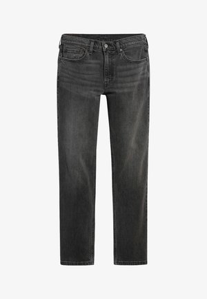 Dark gray denim jeans with a straight leg design, five pockets, and a top button closure. Features subtle fading and stitching details.