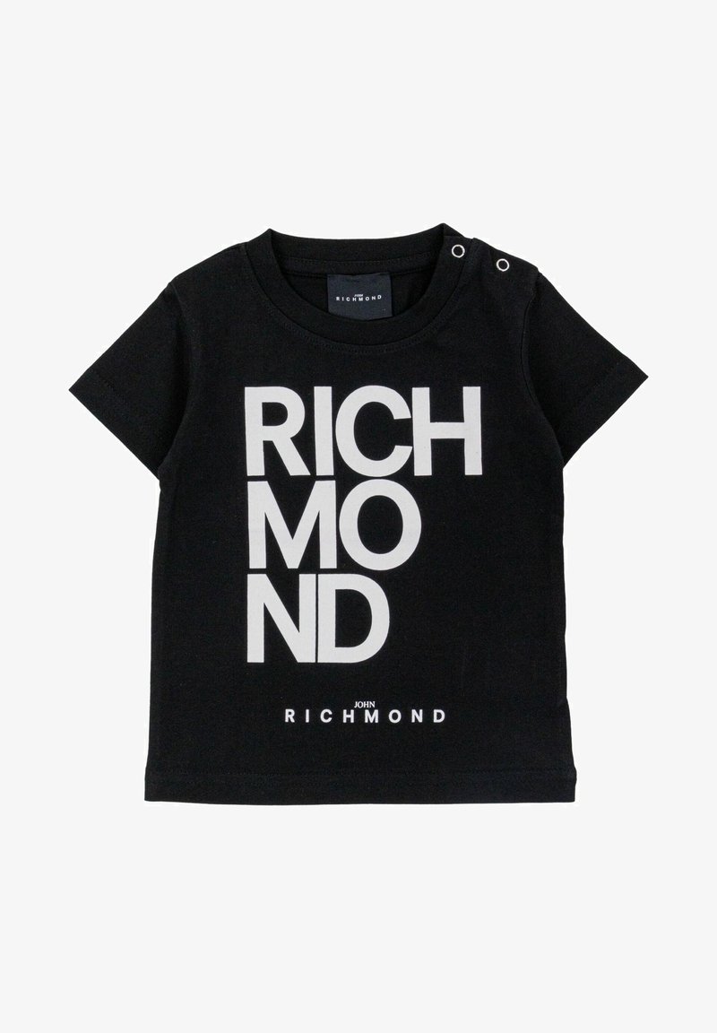 T-shirt noir à manches courtes pour tout-petit avec texte blanc en gras "RICHMOND" et deux boutons-pression aux épaules pour un habillage facile.