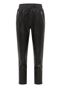 Schwarze Kunstlederhosen mit einem Kordelzugbund, seitlichen Reißverschlusstaschen und Reißverschlüssen an den Knöcheln, geeignet für einen schlanken Schnitt und einer glatten Textur.