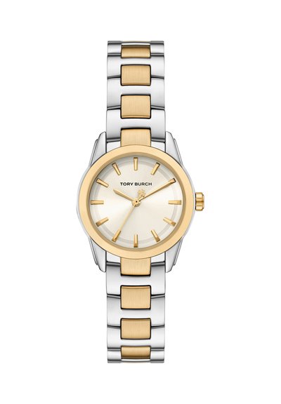 Montre-bracelet Tory Burch bicolore or et argent avec cadran rond, index en or et bracelet en métal relié.