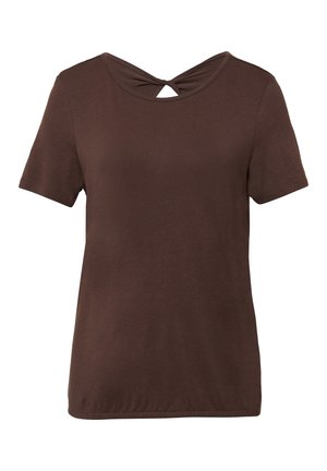 T-shirt marron à manches courtes en tissu doux, avec une petite ouverture en forme de clé dans le dos et un col rond.