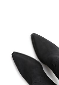 Black ankle boots with a pointed toe, made of smooth leather. Minimal design with no visible hardware or patterns. Matte texture.