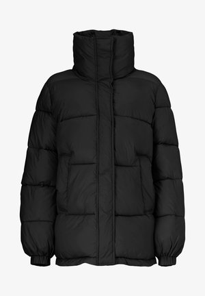 Doudoune noire à col montant, manches longues avec poignets élastiques, couture horizontale matelassée et poches avant.