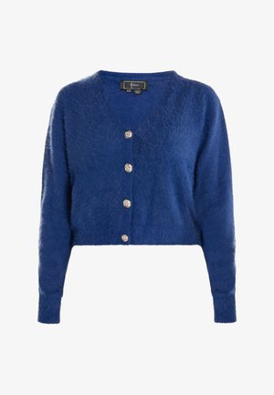 Cardigan bleu cintré en matériau doux et pelucheux avec un col en V et cinq boutons décoratifs argentés sur le devant.