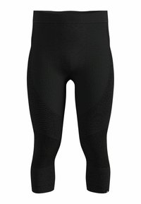 Schwarze Leggings mit figurbetontem Design, ausgestattet mit strukturierten Einsätzen und einem nahtlosen Bund. Sie reichen bis zur Mitte der Wade und haben eine glatte Oberfläche.