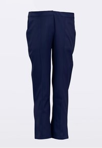 Pantaloni bleumarin cu croială dreaptă, confecționați dintr-un material neted, având cusături frontale și o talie fără închideri vizibile.