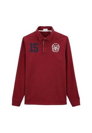 Polo rugby à manches longues bordeaux avec col, numéro 15 bleu marine sur la poitrine gauche et blason de rugby brodé en blanc sur la poitrine droite.