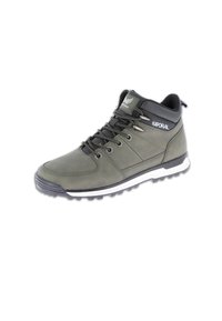 Green high-top sneakers with a smooth leather and textile upper, black accents, gray outsole, and lace closure featuring metal eyelets.