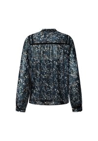 Blouse longue sombre et transparente à manches longues avec motif floral abstrait bleu et blanc et bordure noire, vue de dos sur fond blanc.