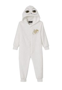 Weißer Fleece-Overall mit Kapuze, die Eulenaugen zeigt und mit einem gestickten "HP"-Logo versehen ist. Sternenmuster schmücken den Stoff, mit gerippten Bündchen und Knöcheln.