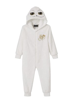 Weißer Fleece-Overall mit Kapuze, die Eulenaugen zeigt und mit einem gestickten "HP"-Logo versehen ist. Sternenmuster schmücken den Stoff, mit gerippten Bündchen und Knöcheln.