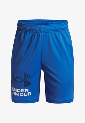 Blauwe sportshorts gemaakt van glad, lichtgewicht materiaal. Beschikt over een elastische tailleband, zwart logo patroon en witte tekst met "UNDER ARMOUR."