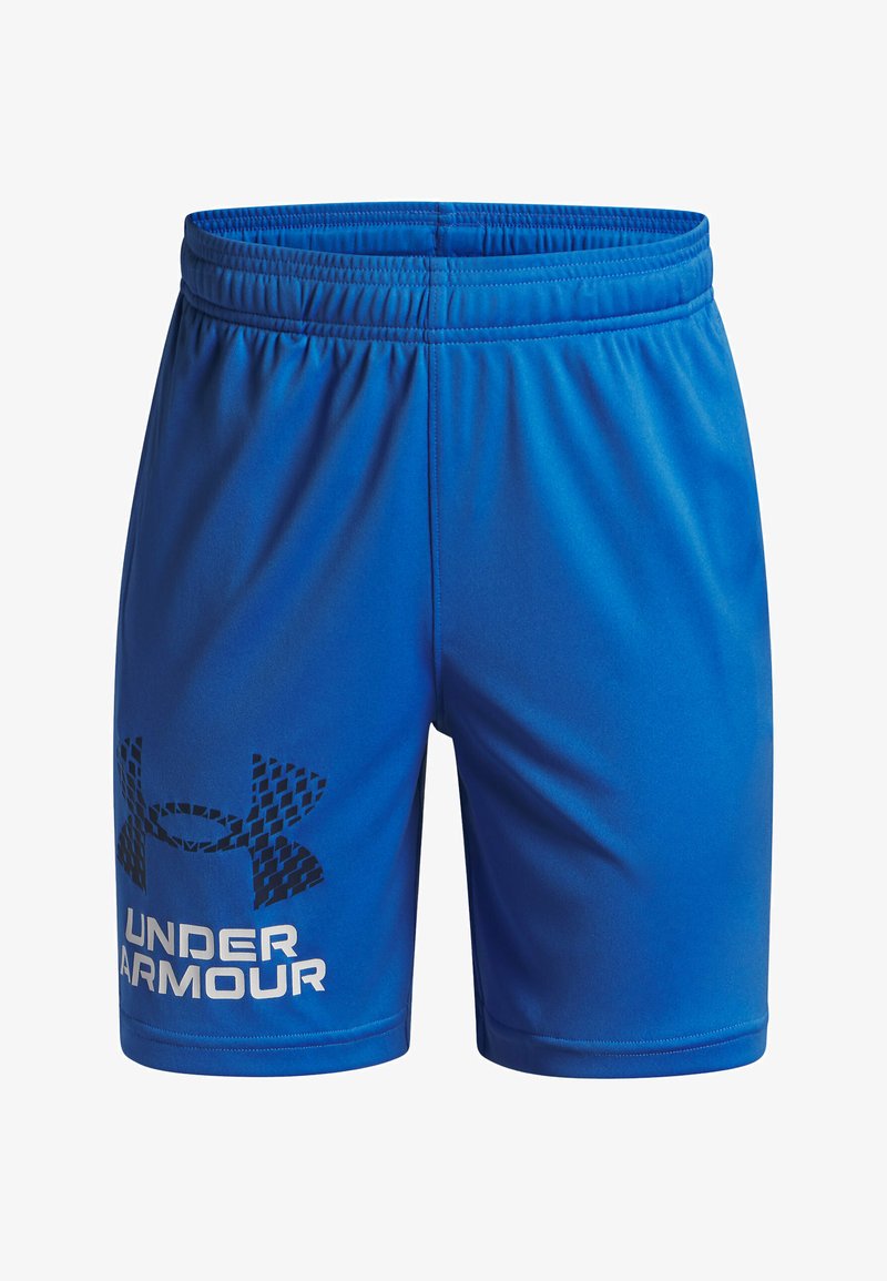 Shorts deportivos azules hechos de una tela suave y ligera. Presentan una cintura elástica, un patrón de logo negro y texto blanco que dice "UNDER ARMOUR."