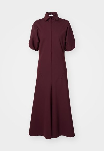Burgundská dlouhá šaty s límečkovým výstřihem, krátkými nafouknutými rukávy a plnou sukní. Vyrobeno z hladké látky s mírným leskem.