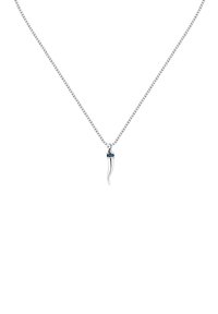 Collana d'argento con un pendente a forma di corno curvo e un accento di pietra blu nella parte superiore, appesa a una catena fine.