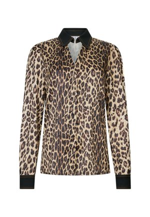 Blusa con stampa leopardata, colletto nero, maniche lunghe e polsini con bottoni. Realizzata in tessuto leggero e design a incrocio.