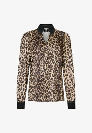 Blouse met luipaardprint, een zwarte kraag, lange mouwen en manchetten met knopen. Gemaakt van lichte stof en heeft een overslagontwerp.