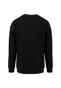Hanorac negru cu decolteu rotund, mâneci lungi și o textură netedă, cu manșete și tiv dintr-un material ribat. Fără logo-uri sau modele vizibile.