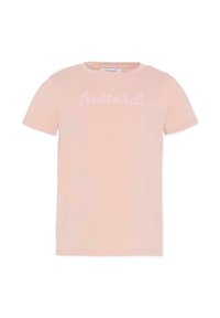 T-shirt di cotone rosa chiaro con maniche corte, caratterizzata dal logo ricamato "trussardi" in un rosa leggermente più scuro sul davanti.