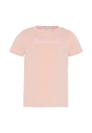 Jasnoróżowa bawełniana koszulka z krótkim rękawem, z haftowanym logo "trussardi" w nieco ciemniejszym różowym kolorze z przodu.