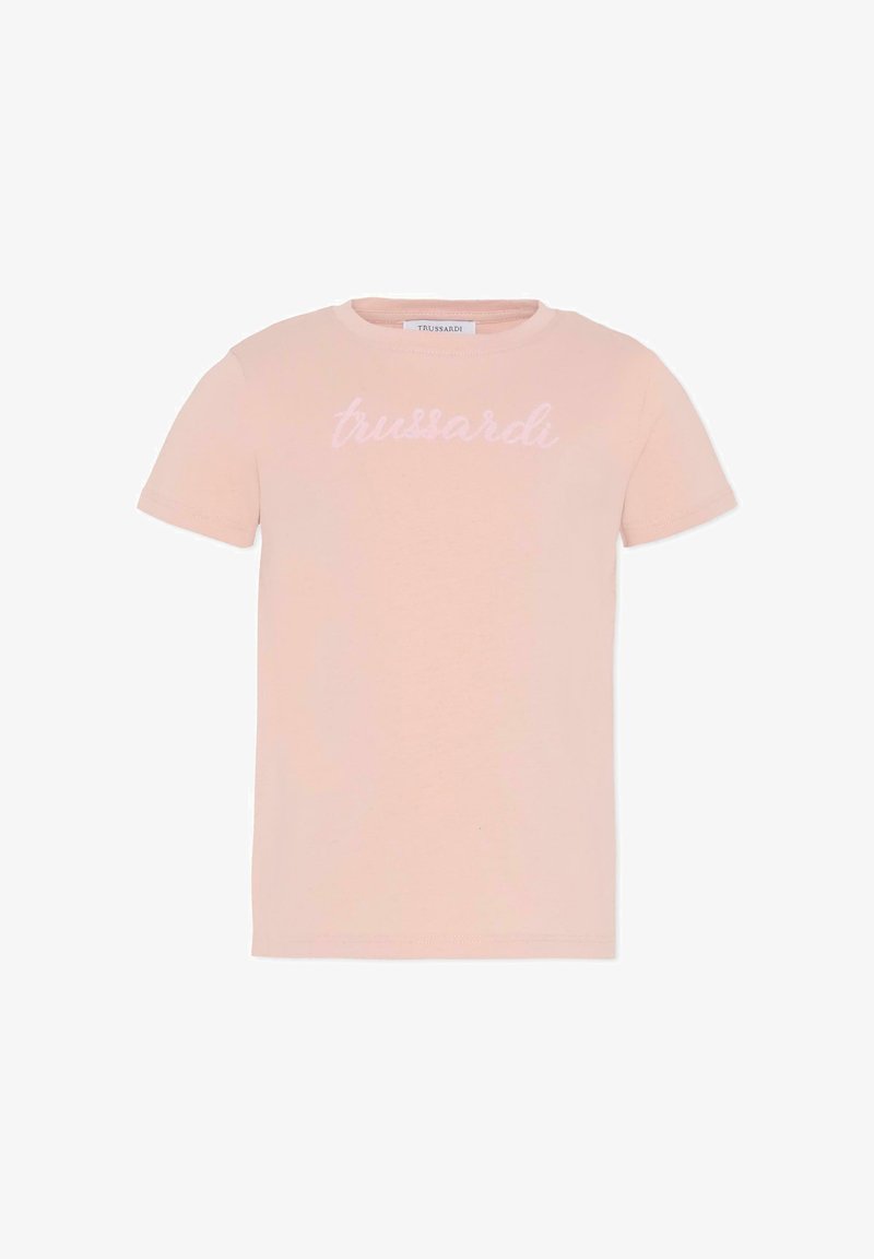 T-shirt di cotone rosa chiaro con maniche corte, caratterizzata dal logo ricamato "trussardi" in un rosa leggermente più scuro sul davanti.