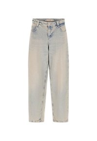 Ljust blå denimjeans med en avslappnad passform, hög midja, fem fickor och subtil blekning. Sömmar med förstärkningsdetaljer.