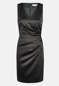 Schwarzes ärmelloses Kleid mit V-Ausschnitt, aus Satin gefertigt. Verfügt über eine figurbetonte Silhouette, seitliche Raffung und einen Reißverschluss auf der Rückseite.