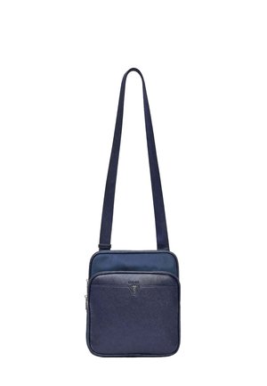Borsa a tracolla blu navy con tasca frontale testurizzata e tracolla regolabile, con piccolo logo metallico triangolare.