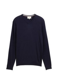 Marineblauer Pullover mit langen Ärmeln, einem V-Ausschnitt und gerippten Bündchen. Aus weichem Stoff mit glatter Textur gefertigt. Minimalistisches Design.