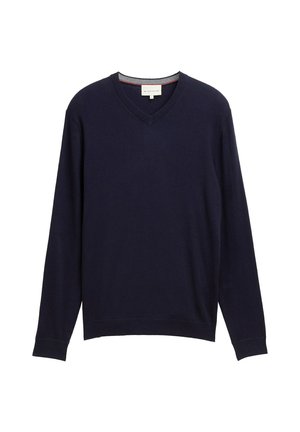 Pulover bleumarin cu maneci lungi, decolteu în V și tivuri cu model în relief. Fabricat dintr-un material moale cu o textură netedă. Design minimalist.