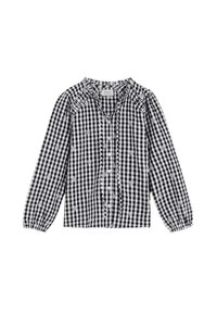 Blusa de manga larga a cuadros en blanco y negro con mangas abullonadas, botón en la parte delantera y detalles de bordado floral en el tejido.