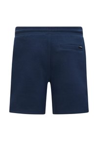 Pantaloni corti in cotone blu navy con una texture liscia, dotati di tasca posteriore e vita elastica. Design semplice, senza fantasie né accenti.