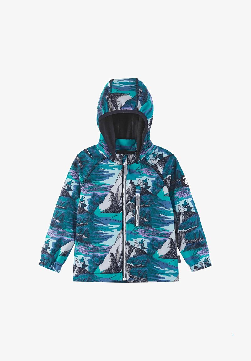 Giacca con zip di colore verde-blu con un motivo di montagne e foreste. Realizzata in materiale leggero, con cappuccio e fodera nera.