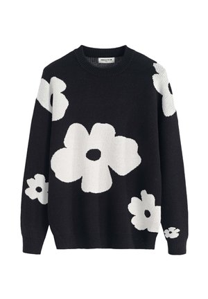 COL ROND À MOTIF GRANDES FLEURES - Pullover - noir